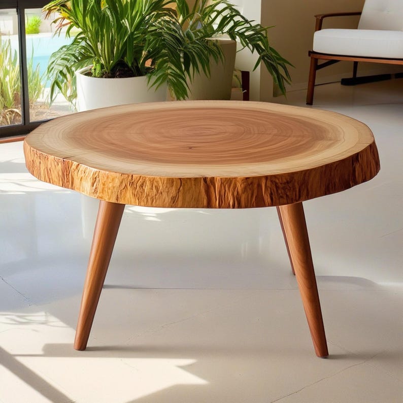 Rustic Round Wooden Coffee Table – Handcrafted Solid Wood Center Table for Living Rooms, Farmhouse & Modern Coffee Table with Natural Finish