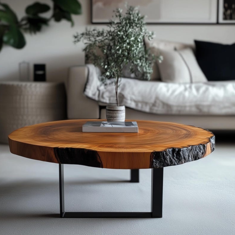 Round Live Edge Coffee Table, Rustic Coffee Table, Cypress Live Edge Coffee Table, Small Coffee Table, Metal Base Coffee Table