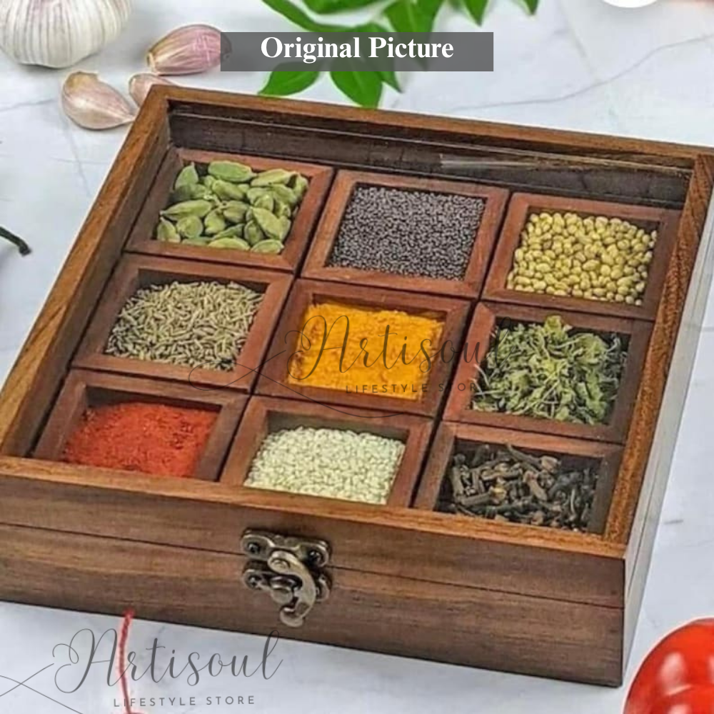 Wooden Artisoul Handmade Spice Box with 9 Compartments & Glass Top – Multipurpose Organizer for Spices, Dry Fruits, Tea, and More