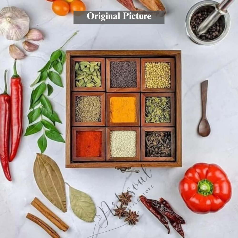Wooden Spice Box Organizer with Transparent Top | 9 Compartment Masala Dabba | Handcrafted Kitchen Storage Box
