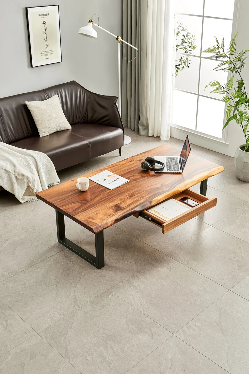 Live Edge Coffee Table with Storage – Rustic and Modern Wooden Coffee Table with Natural Edge Design and Hidden Storage