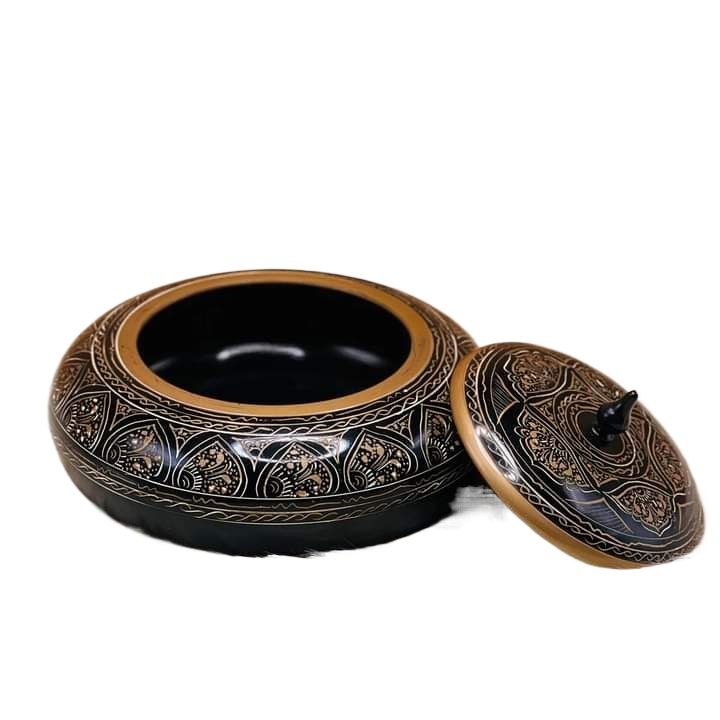 Handmade Naqshi Wooden Powder Jar with Lid – Elegant Storage Solution