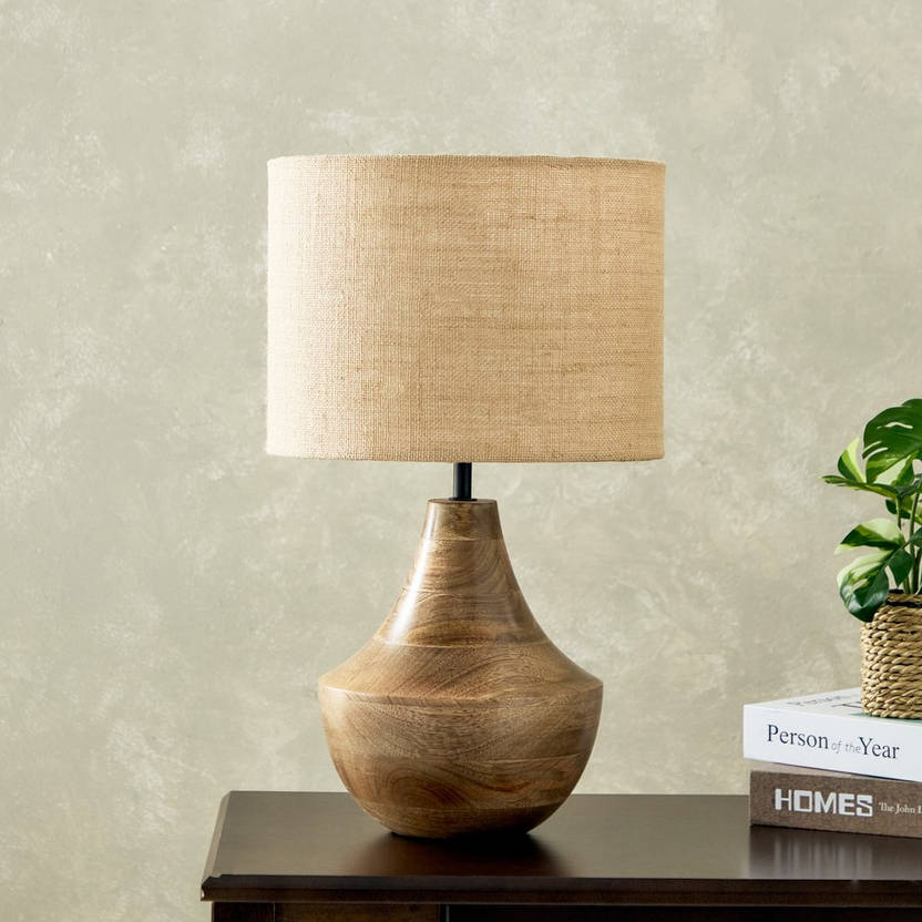 Wooden Base Table Lamp with Drum Shade – Stylish and Durable Lamp for Living Room, Bedroom, or Office, Modern Lighting Solution