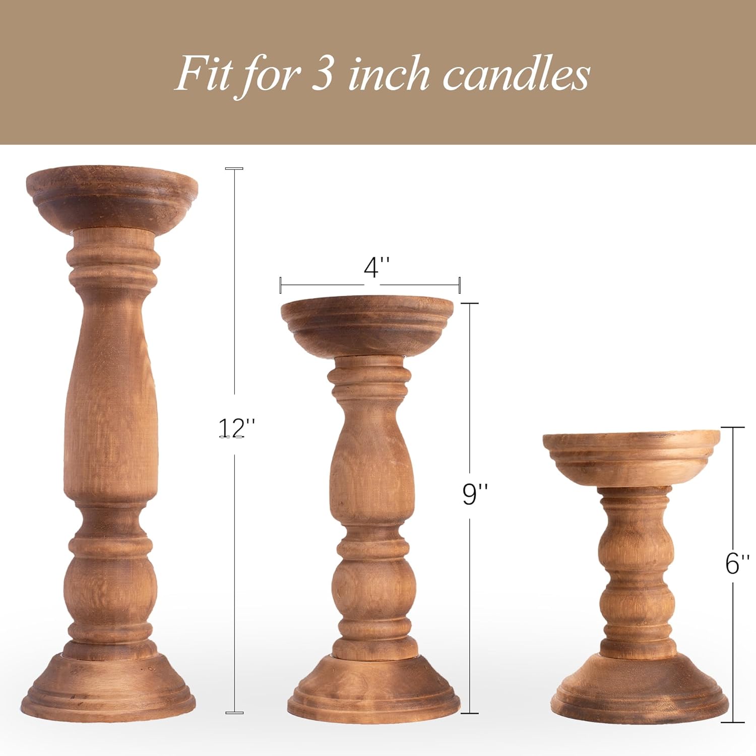 Wooden Candle Holders Set of 3 – 12", 9", 6" | Rustic Brown Pillar Candle Stand | Vintage Wooden Table Centerpiece Décor