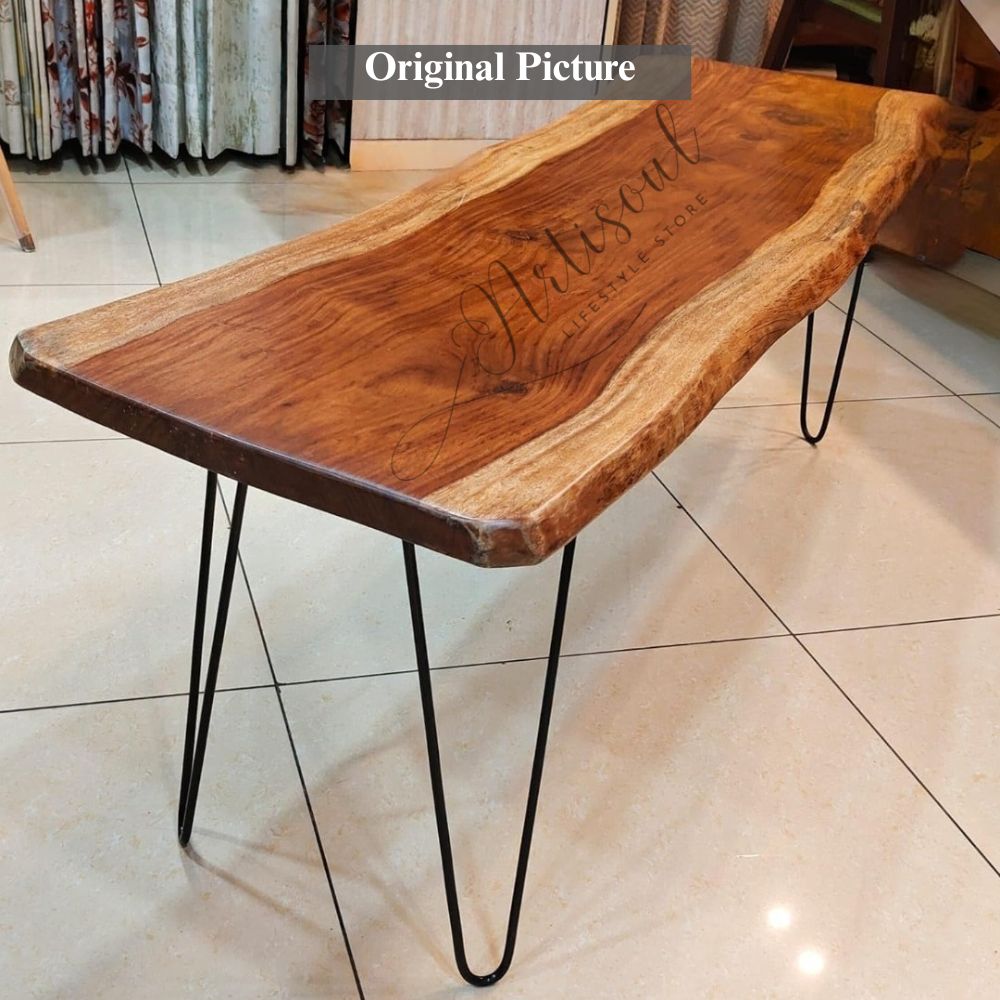 Live Edge Wood Coffee Table with Black Hairpin Legs – 4ft Center Table for Living Room | Rustic Handmade Wooden Furniture