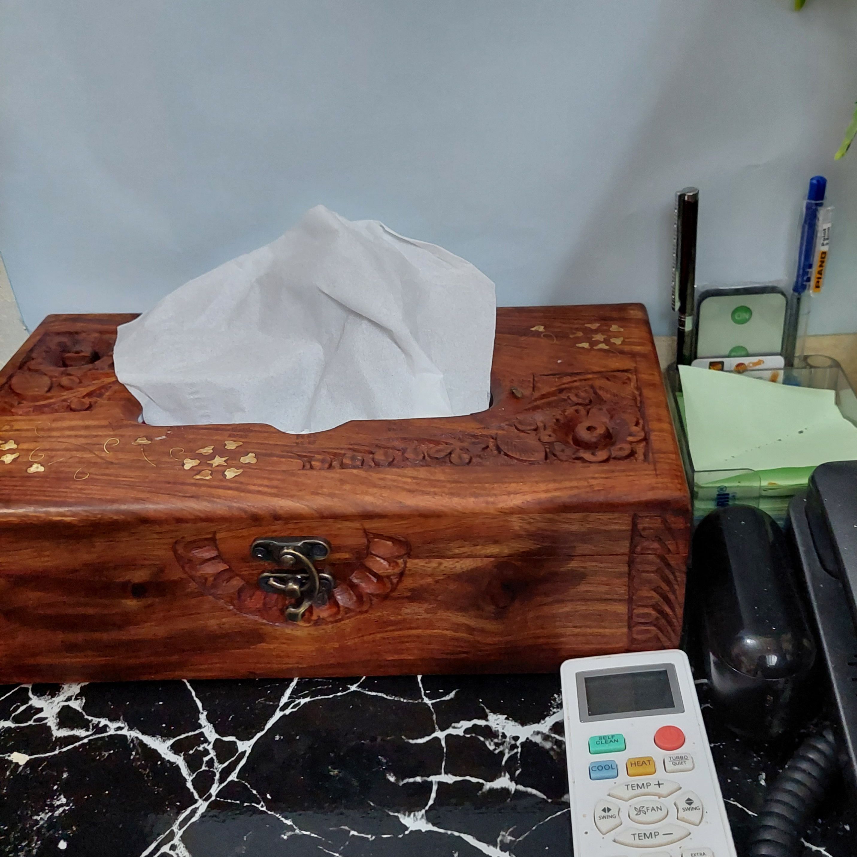 Artisoul Handmade Tissue Box Wooden with Carving and Brass Work /