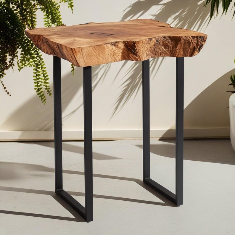Live Edge Walnut End Table – Handmade Solid Wood Side Table with Metal Legs, Rustic & Modern Accent Table for Living Rooms & Bedrooms