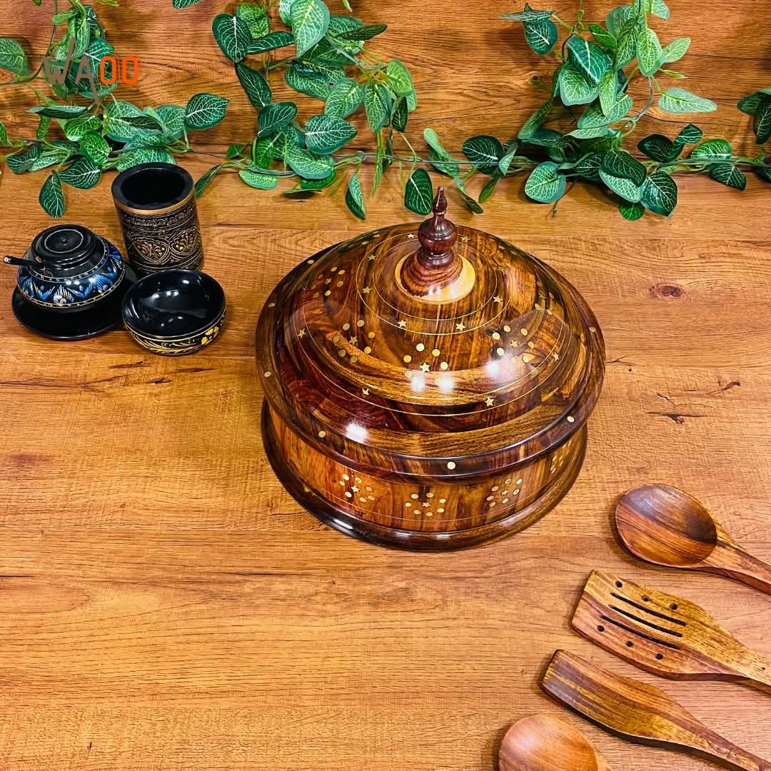Wooden Handmade Round Hot Pot Style Box – Spice & Dry Fruit Storage | 3 Variants – Plain, Metal Plate, Glass Top with Compartments