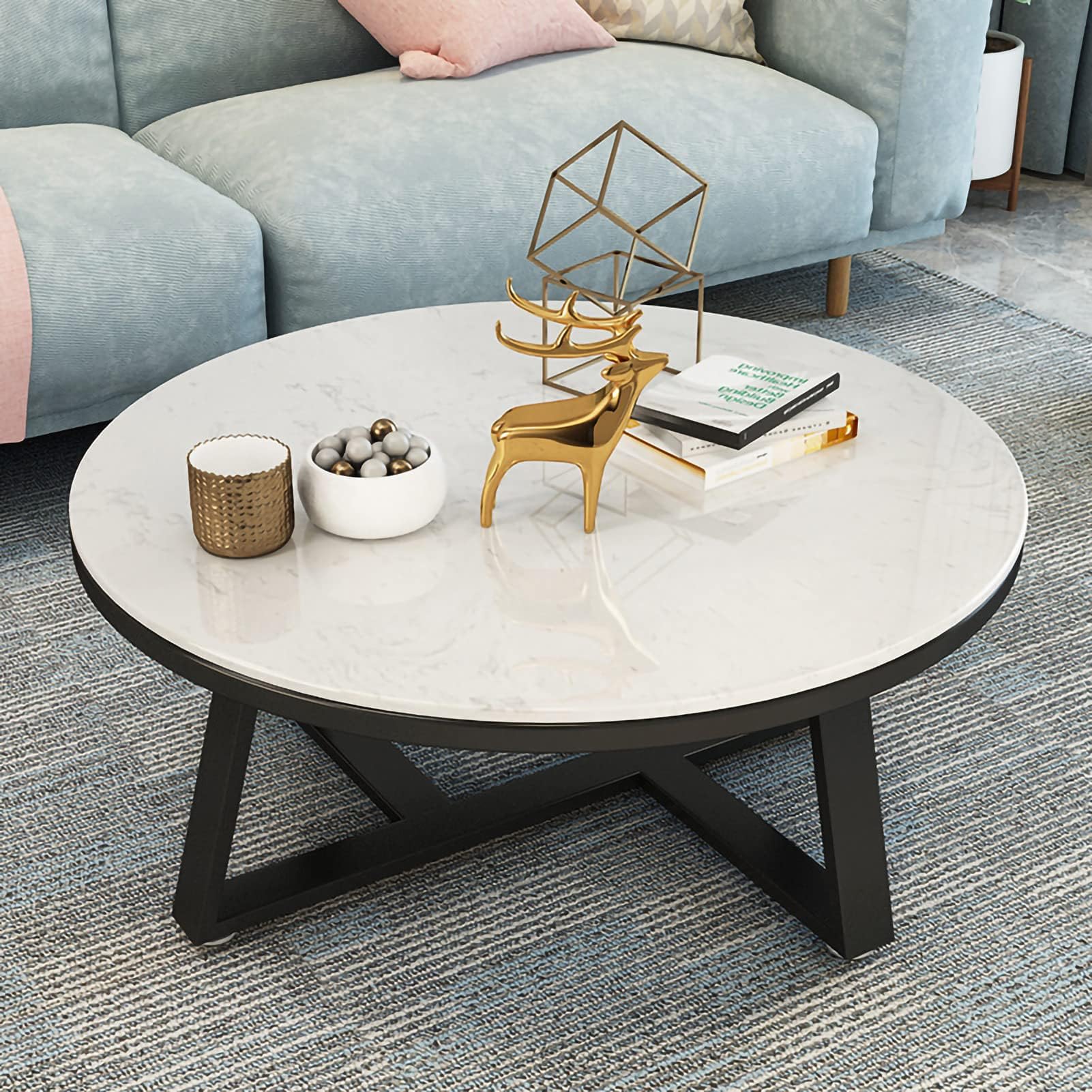 Round Marble Look MDF Top Coffee Table – Luxurious and Durable Centerpiece with Sleek Metal Base for Living Room or Office Décor