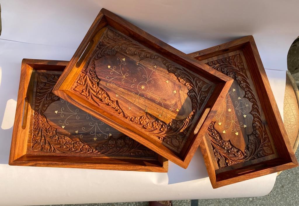 Wooden Serving tray set of three, Hand Engraved