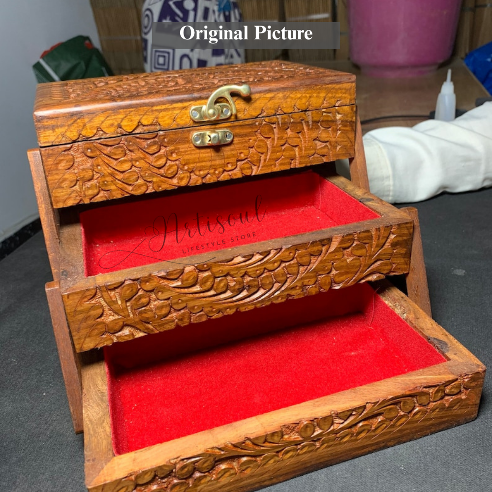 Handcrafted Wooden Jewelry Box | 3 Tier Foldable Organizer | Elegant Wooden Storage for Jewelry & Accessories