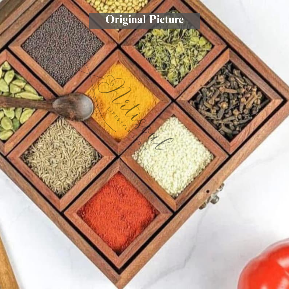 Wooden Spice Box Organizer with Transparent Top | 9 Compartment Masala Dabba | Handcrafted Kitchen Storage Box