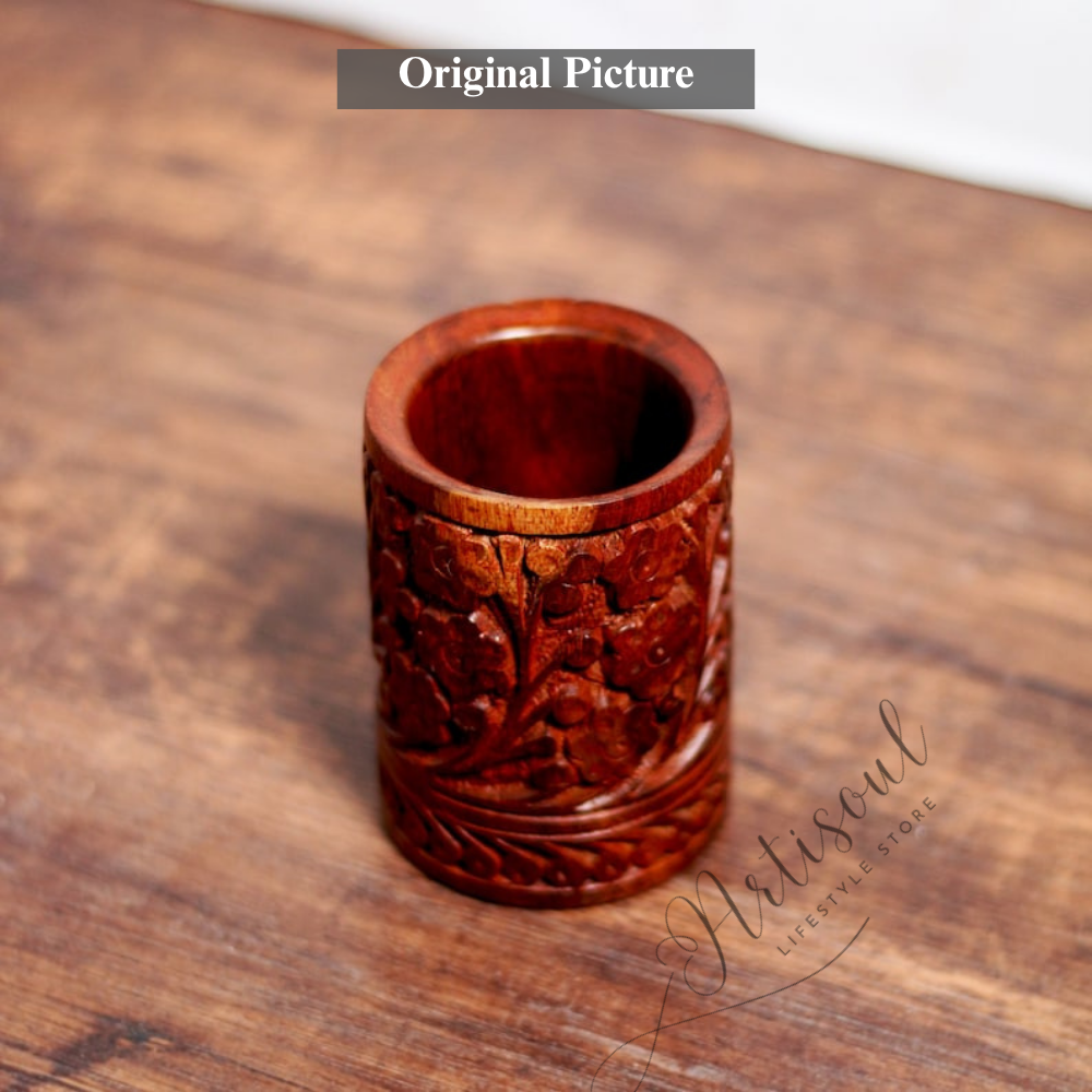 Wooden Hand-Carved Pen Holder | Desk Organizer | Rustic Office Accessory – Artisoul.Pk