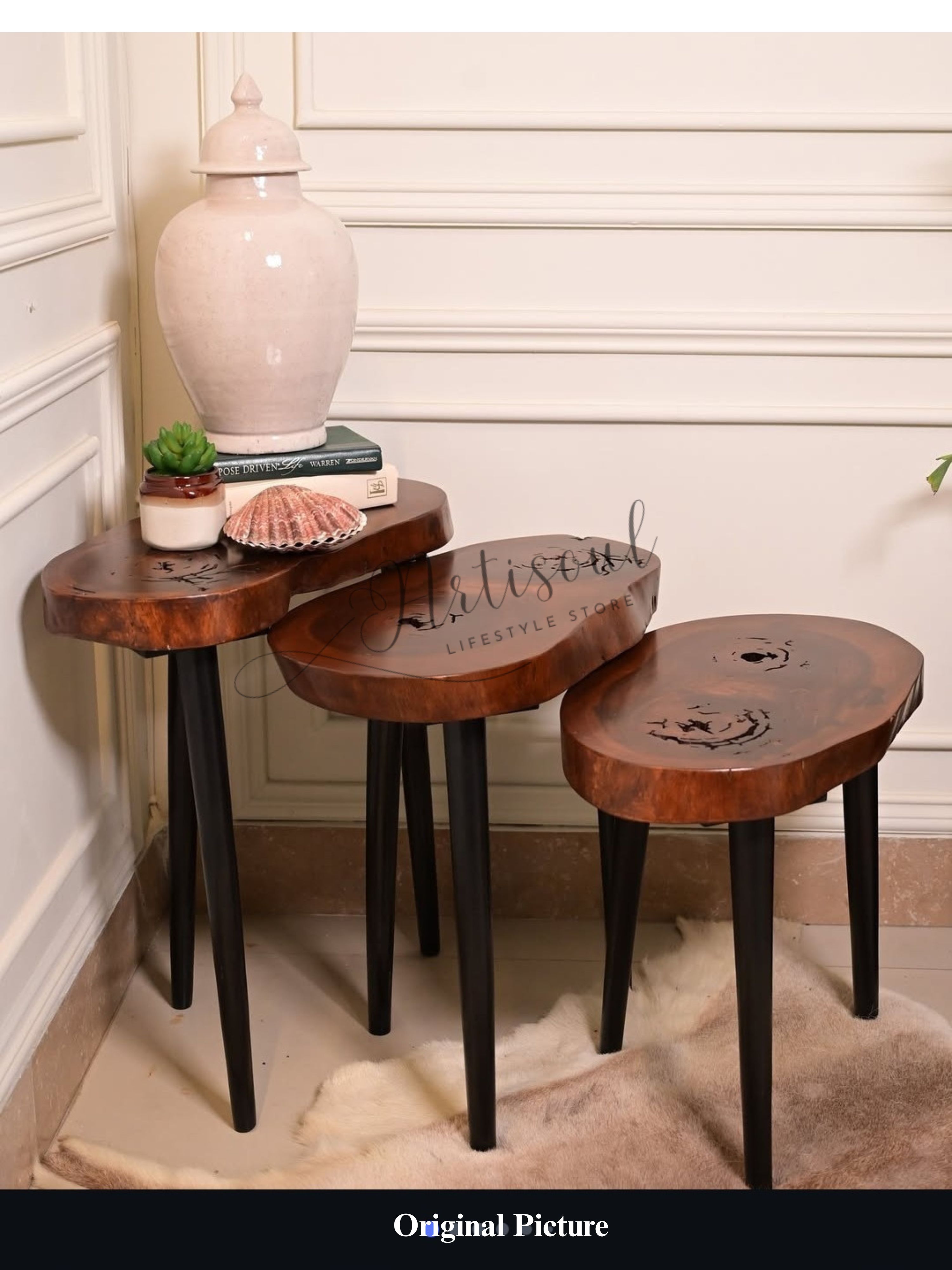 Premium Live Edge Wooden Table – Handmade Solid Wood Coffee Table with Wooden Legs – Rustic Modern Furniture for Living Room & Office – Single, Set of Two, or Set of Three Variants