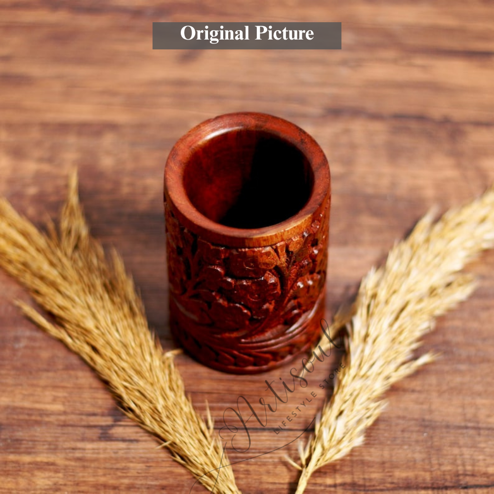 Wooden Hand-Carved Pen Holder | Desk Organizer | Rustic Office Accessory – Artisoul.Pk