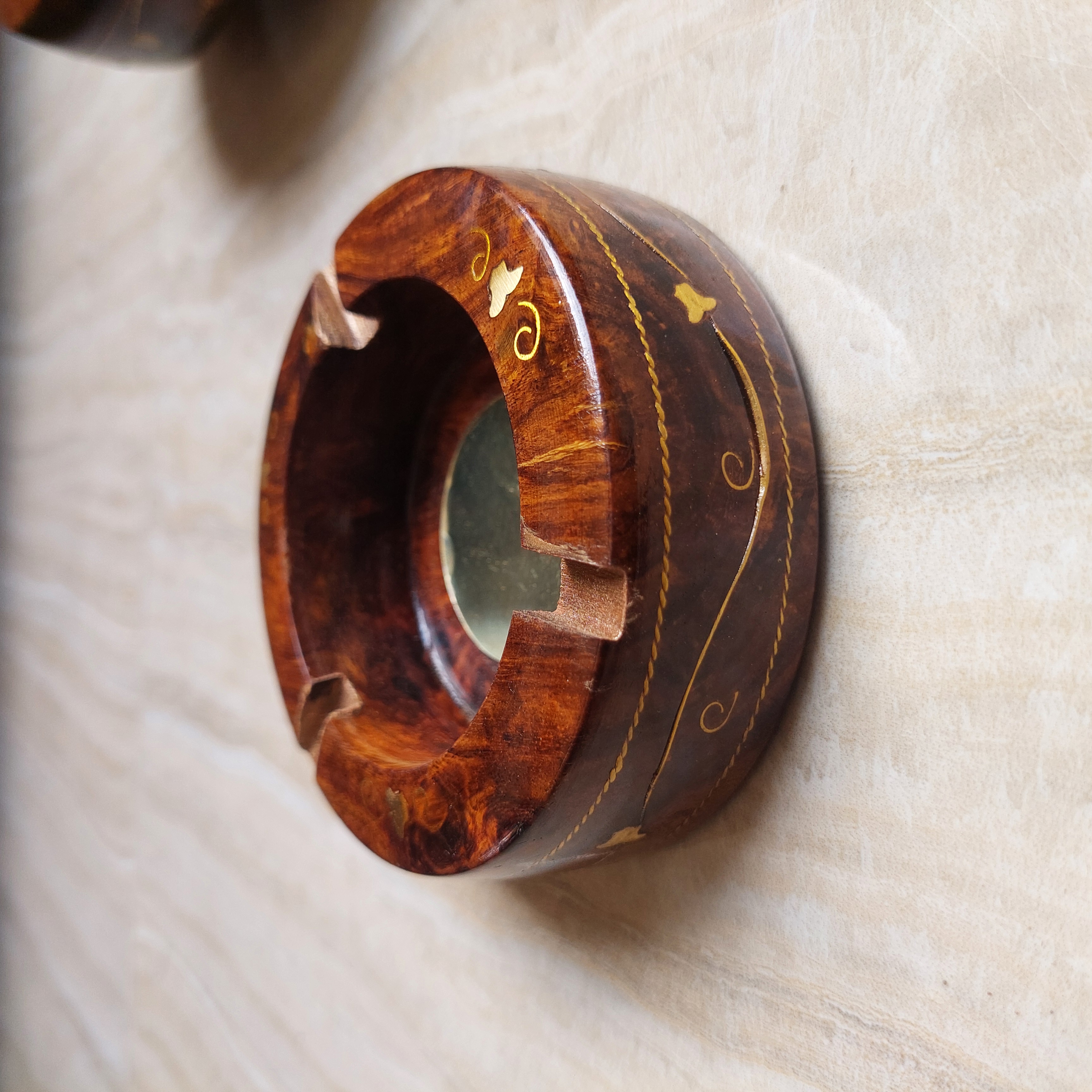 Wooden Ashtray with Stand / Brass inlay work and brass plate in centre