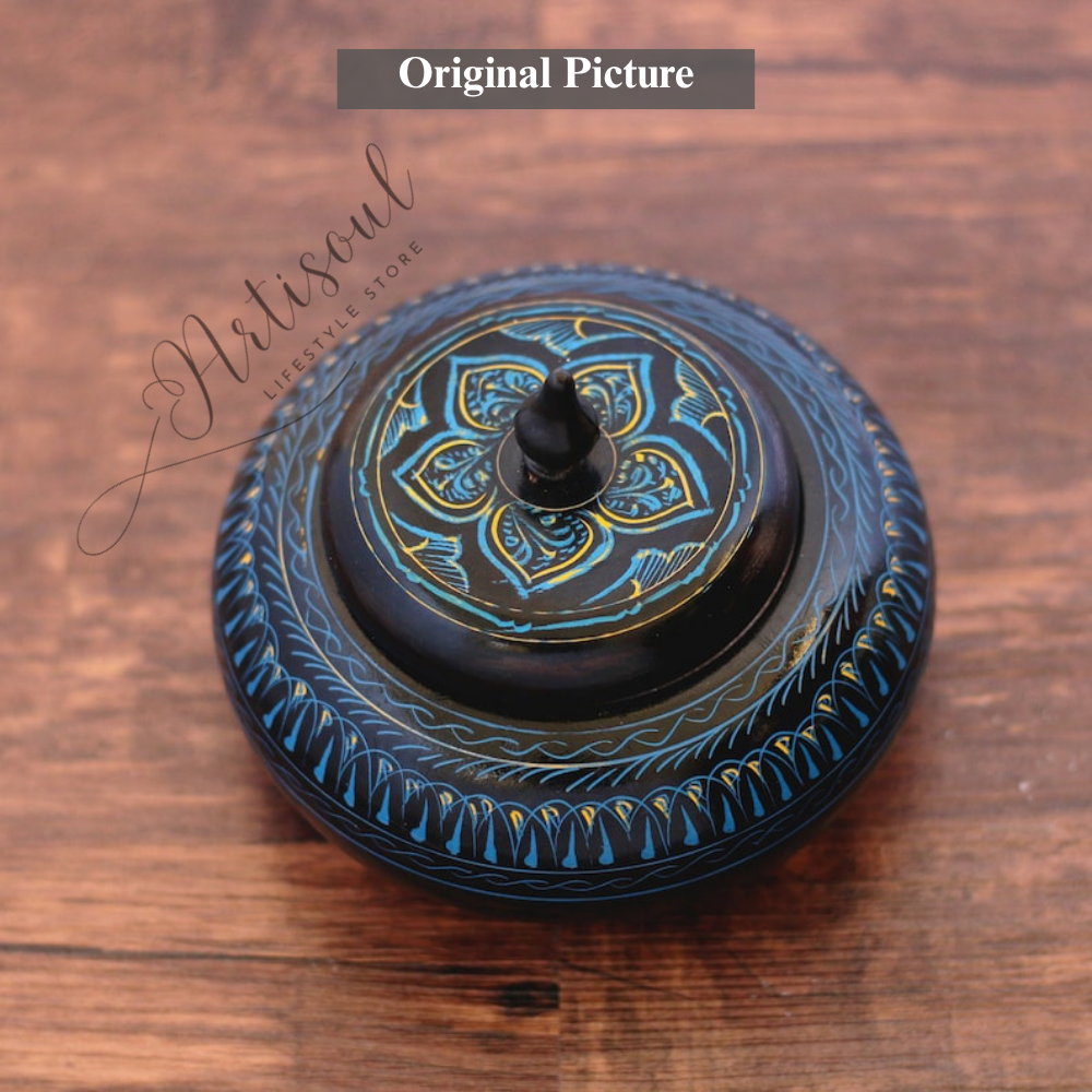 Handcrafted Wooden Round Powder Box with Naqshi Work | Decorative Wooden Storage Box | Elegant Multipurpose Gift Box