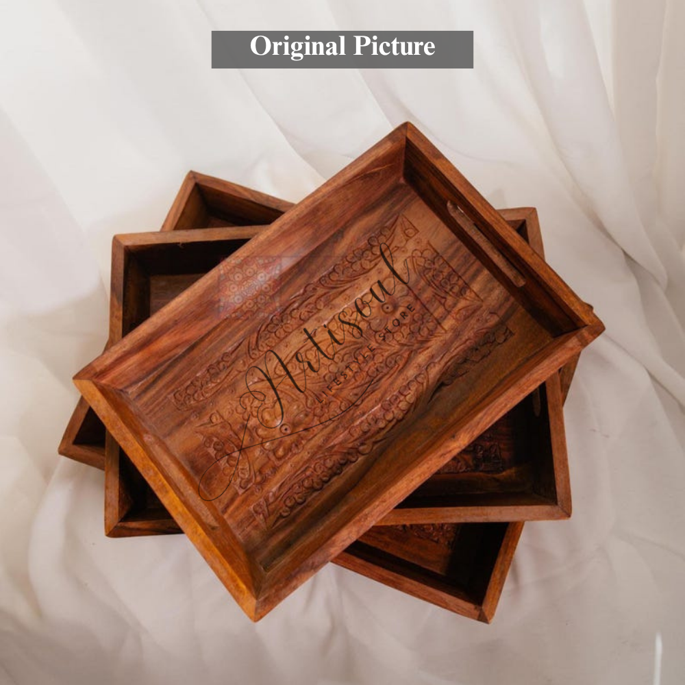 Handcrafted Wooden Tray Set | Carved Decorative Serving Trays | Elegant Wooden Kitchen & Dining Set of 3