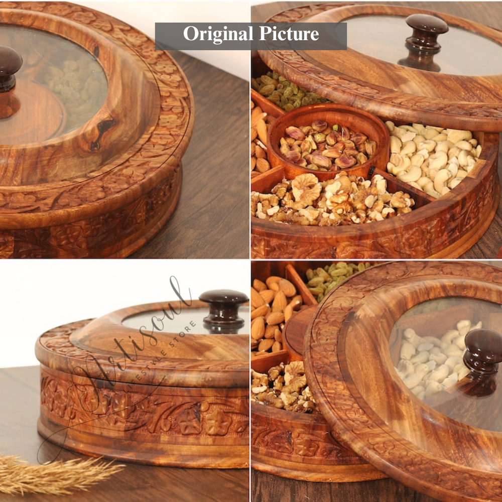 Wooden Carved Dry Fruit Box with Transparent Top | 4 Large + 1 Small Compartments | Handcrafted Multipurpose Box 12 x 12 size