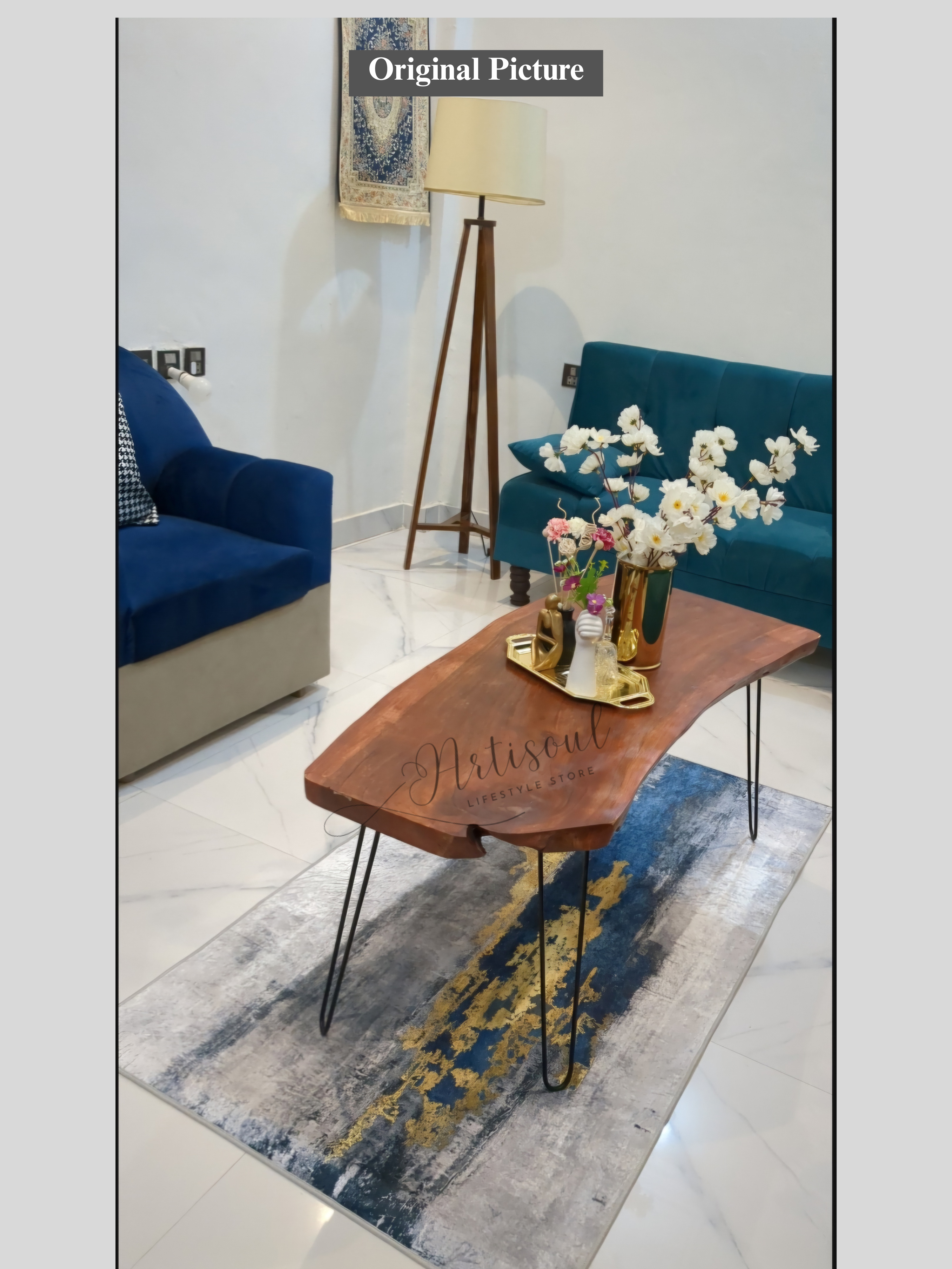 Premium Live Edge Centre Table – Solid Wood Coffee Table with Metal Hairpin Legs – Rustic Modern Living Room Furniture by Artisoul