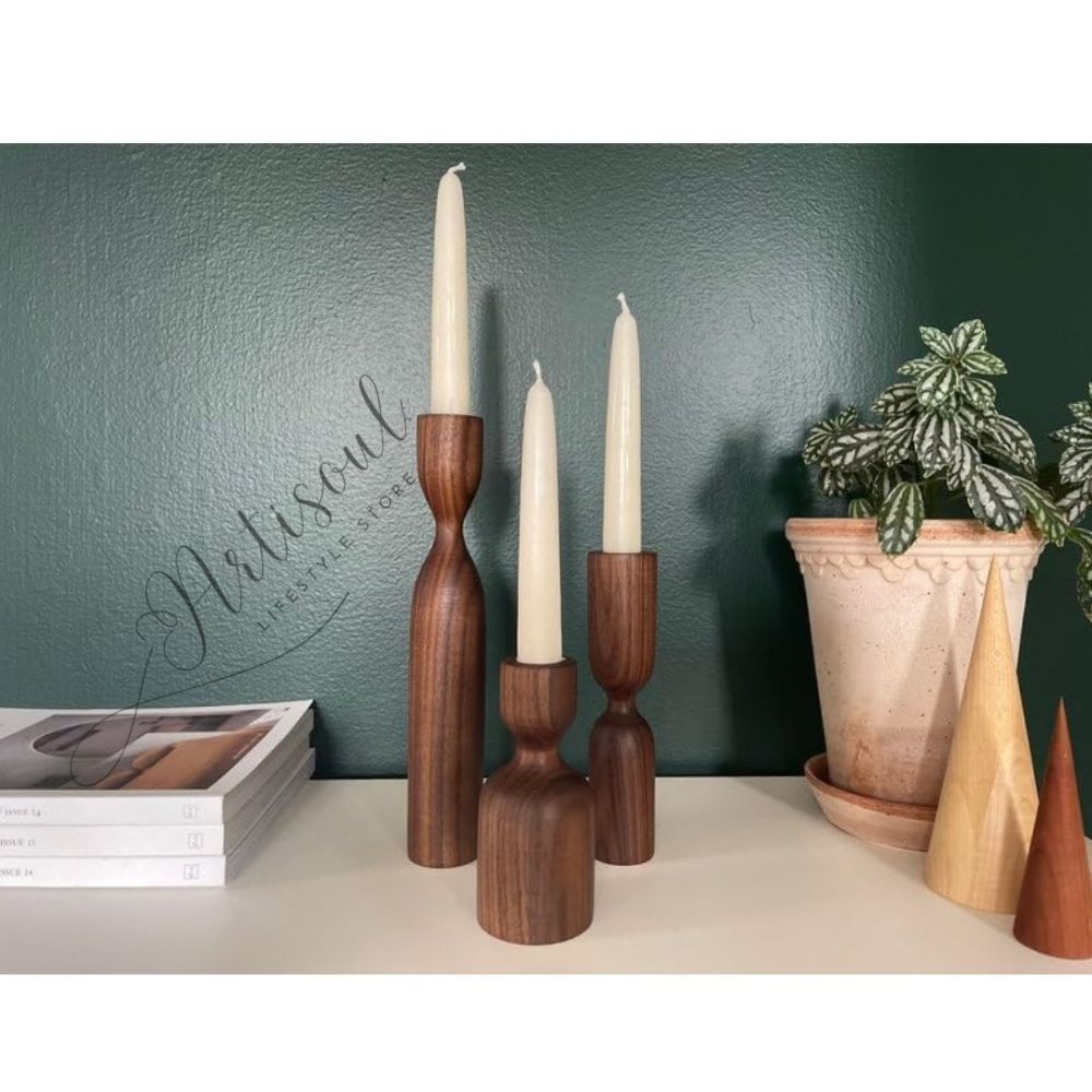 Handcrafted Wooden Candle Holders | Set of 3 Decorative Stands | 6, 8 & 10 Inch Elegant Wooden Candle Sticks