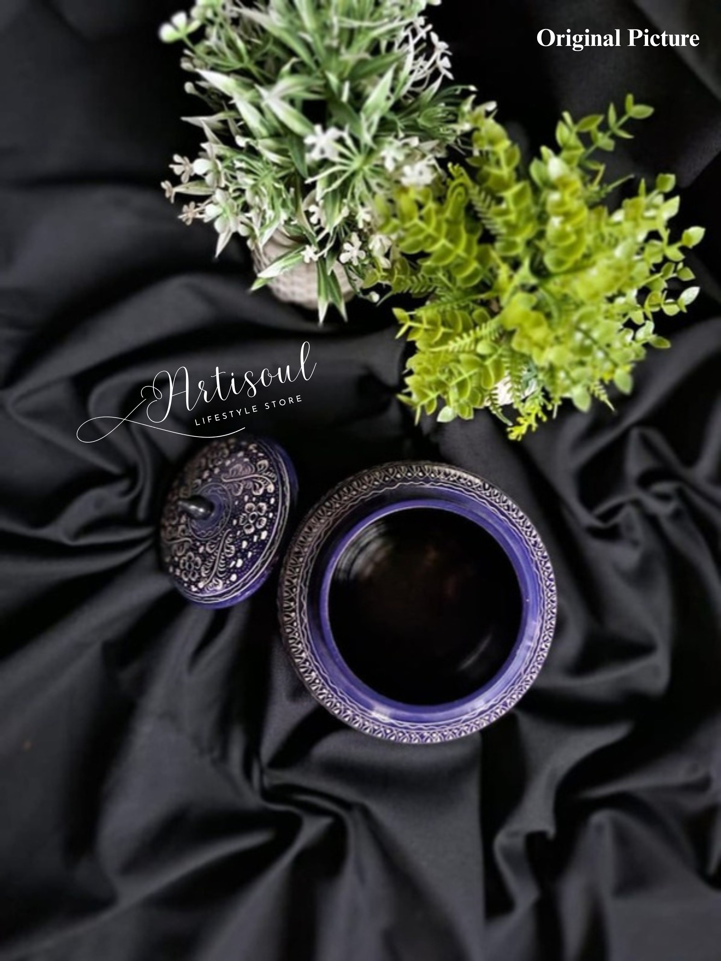 Handcrafted Decorative Blue Pottery Candy Jar Wooden | Elegant Storage & Gifting Jar