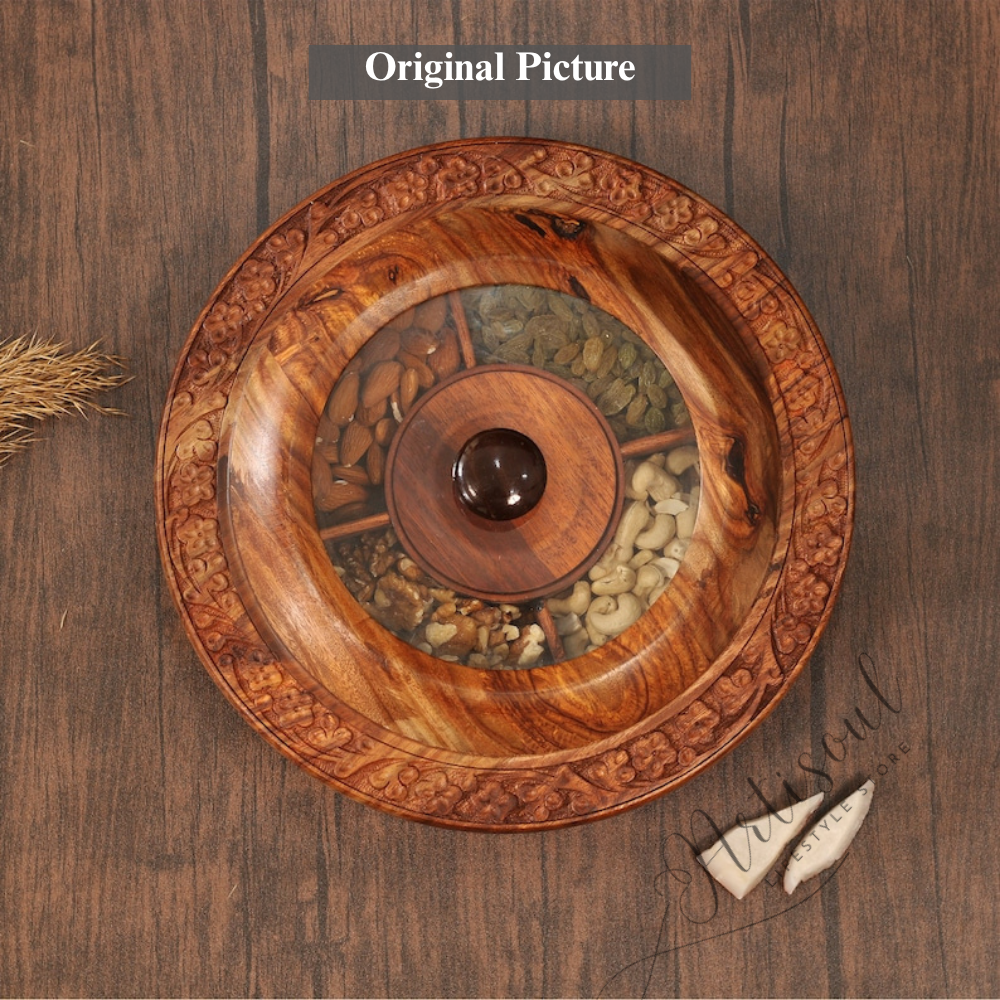 Wooden Carved Dry Fruit Box with Transparent Top | 4 Large + 1 Small Compartments | Handcrafted Multipurpose Box 12 x 12 size