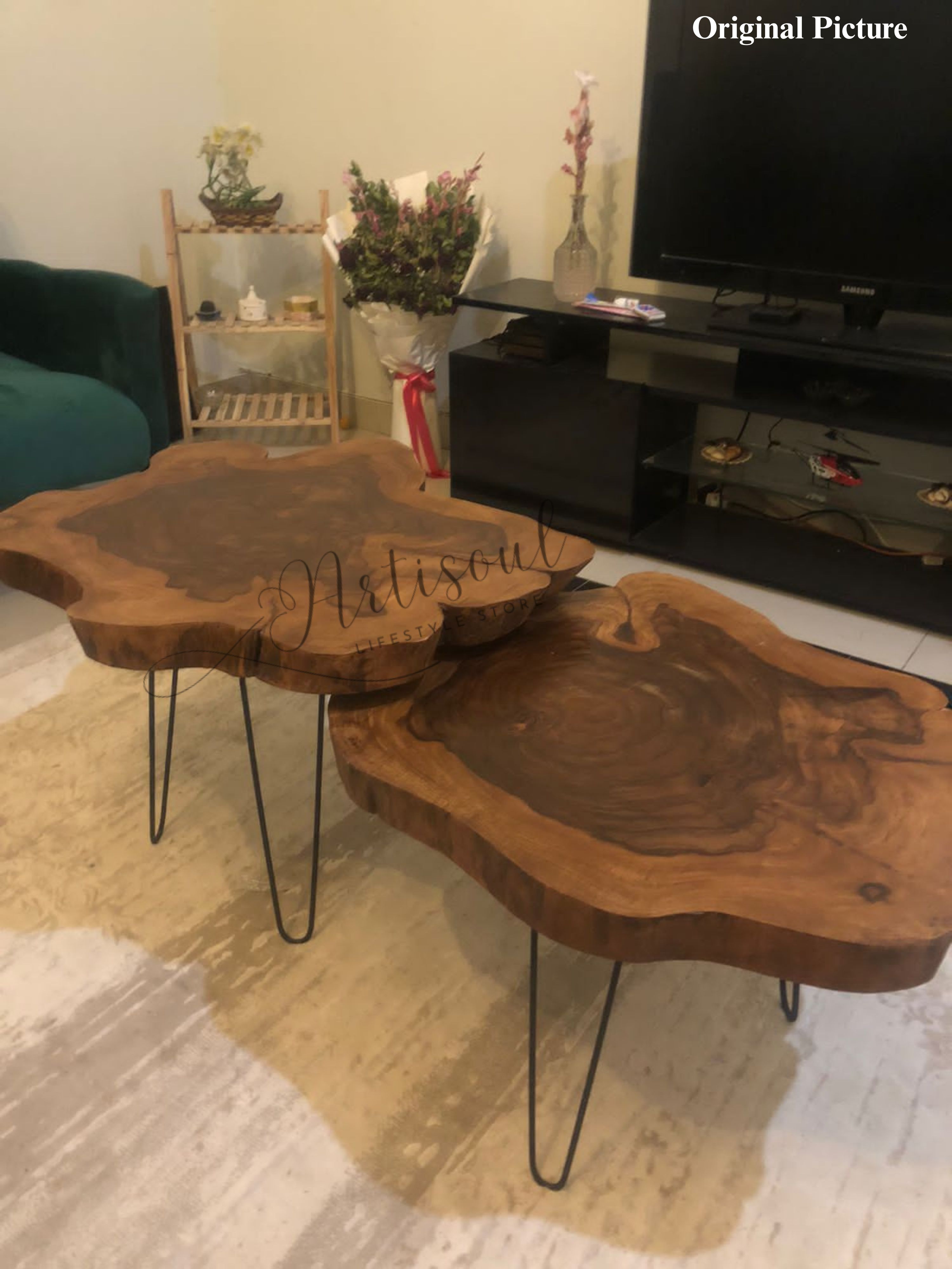 Live Edge Natural Shape Table – 26 to 30 Inch Round Solid Wood Coffee Table – Rustic Accent Furniture for Living Room – Single or Set of Two