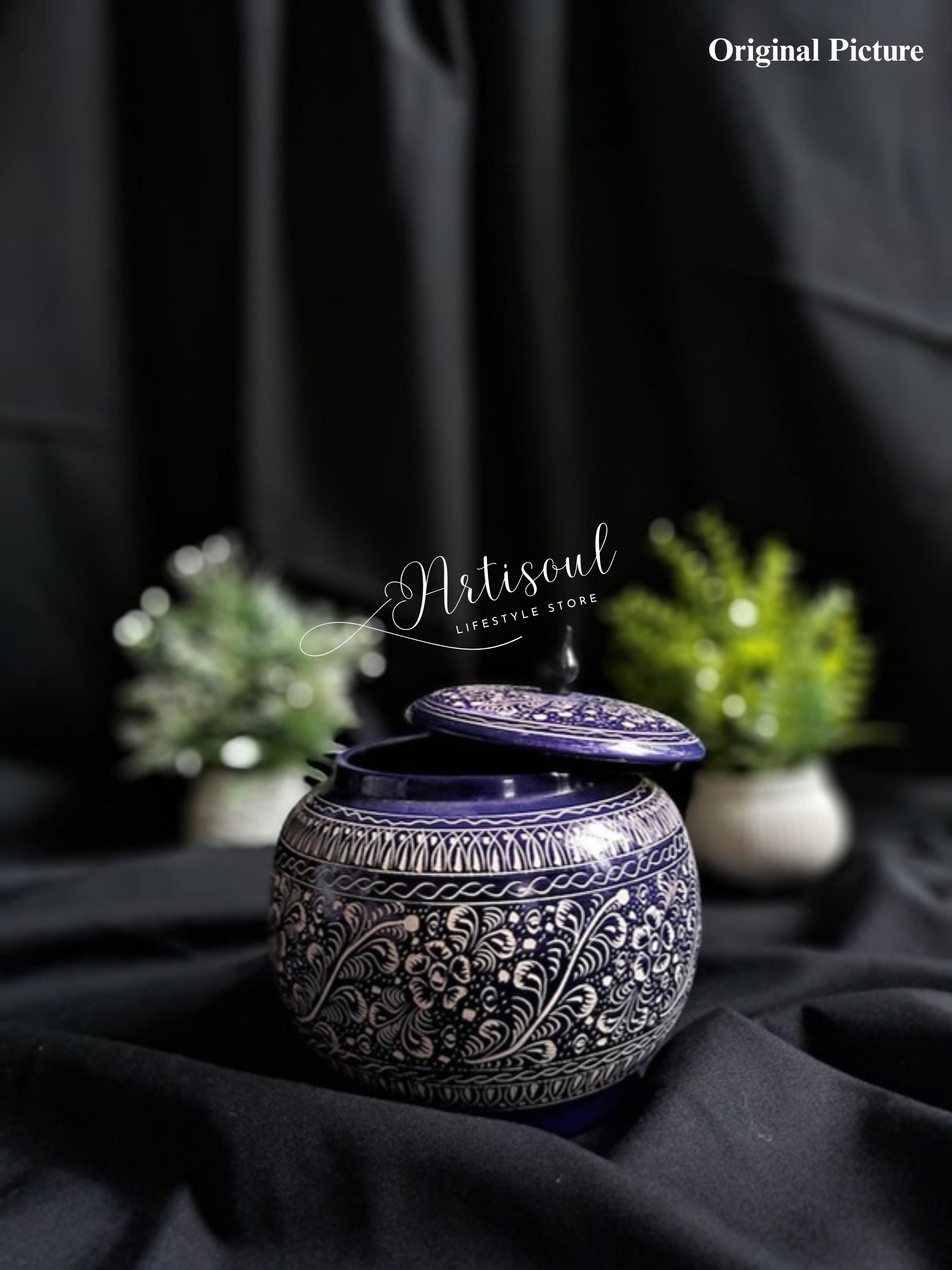 Handcrafted Decorative Blue Pottery Candy Jar Wooden | Elegant Storage & Gifting Jar