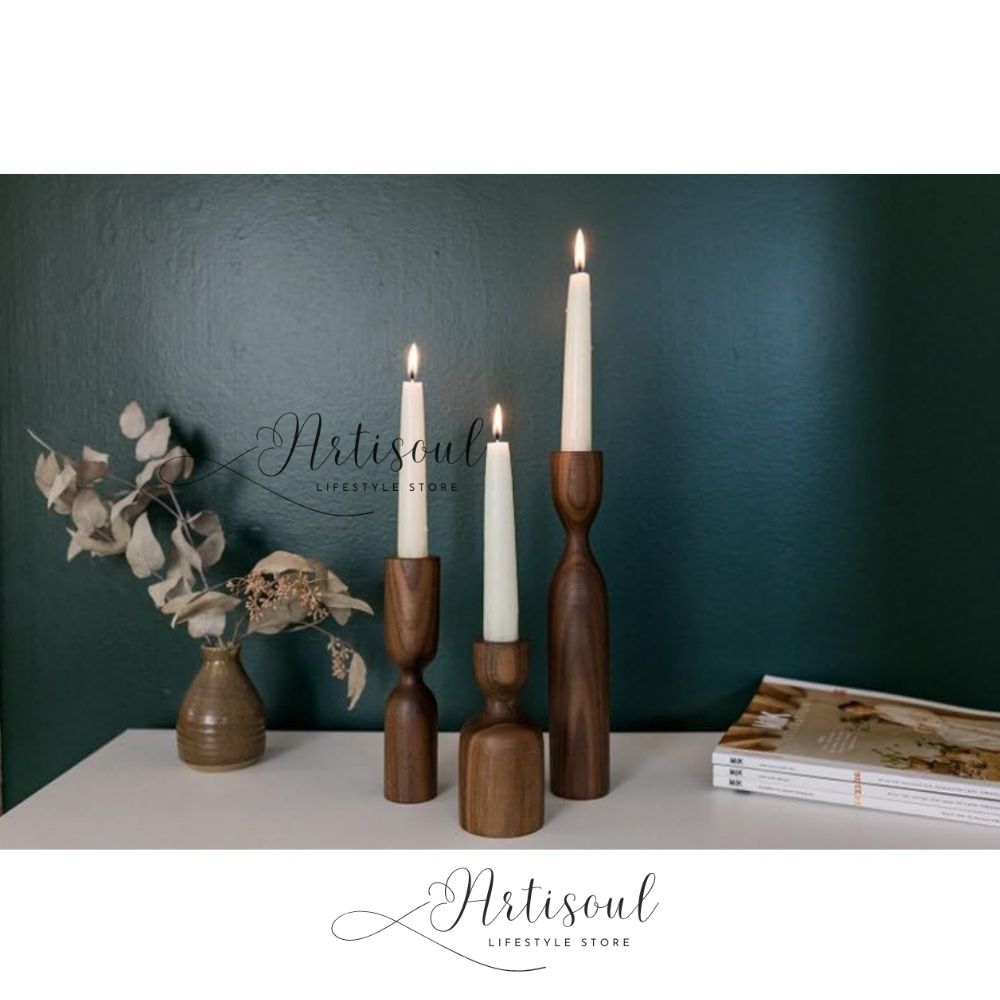 Handcrafted Wooden Candle Holders | Set of 3 Decorative Stands | 6, 8 & 10 Inch Elegant Wooden Candle Sticks