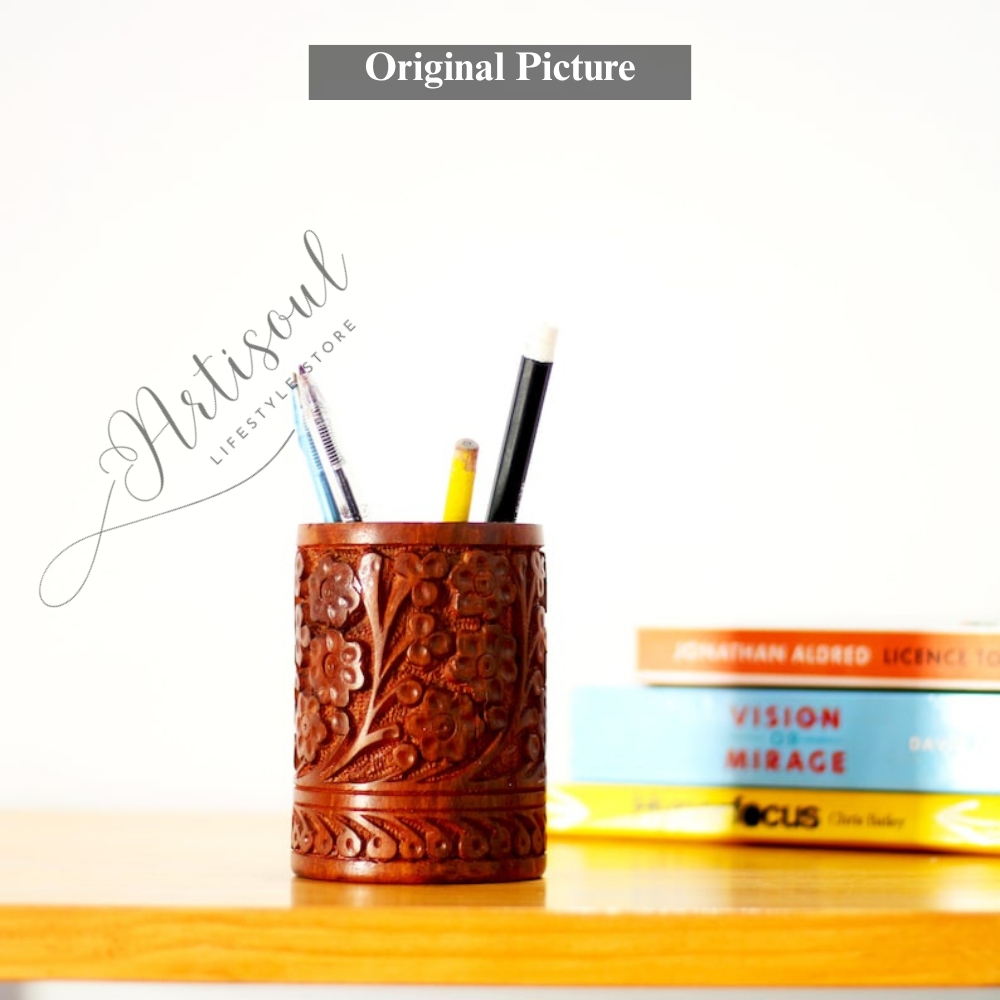 Wooden Hand-Carved Pen Holder | Desk Organizer | Rustic Office Accessory – Artisoul.Pk
