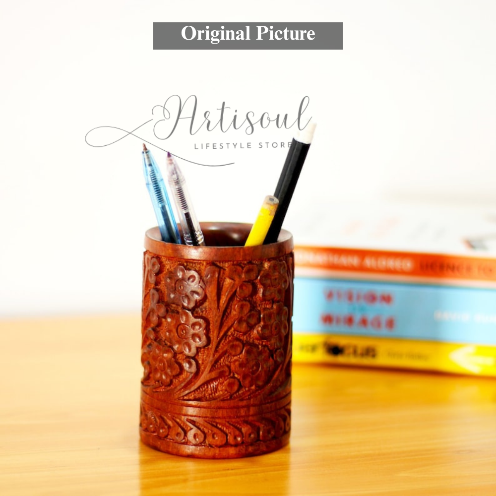 Wooden Hand-Carved Pen Holder | Desk Organizer | Rustic Office Accessory – Artisoul.Pk