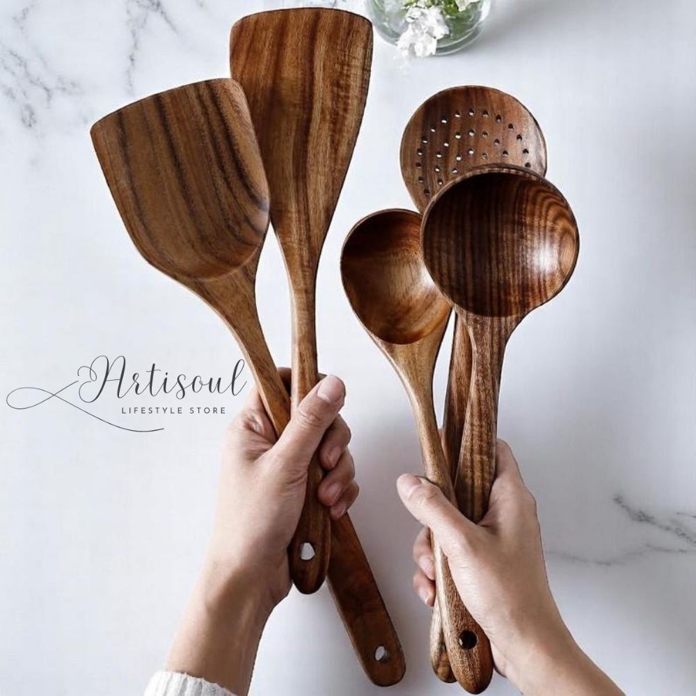 Handmade Sheesham Wood Kitchen Utensil Set – 6 Pcs Food-Safe Cooking Spoons & Spatulas | Eco-Friendly & Durable