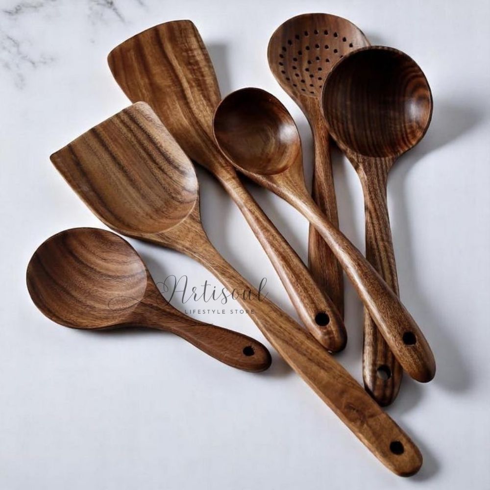 Handmade Sheesham Wood Kitchen Utensil Set – 6 Pcs Food-Safe Cooking Spoons & Spatulas | Eco-Friendly & Durable