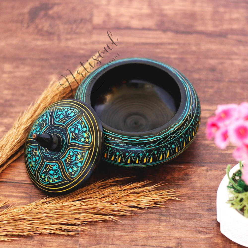 Handcrafted Wooden Round Powder Box with Naqshi Work | Decorative Wooden Storage Box | Elegant Multipurpose Gift Box