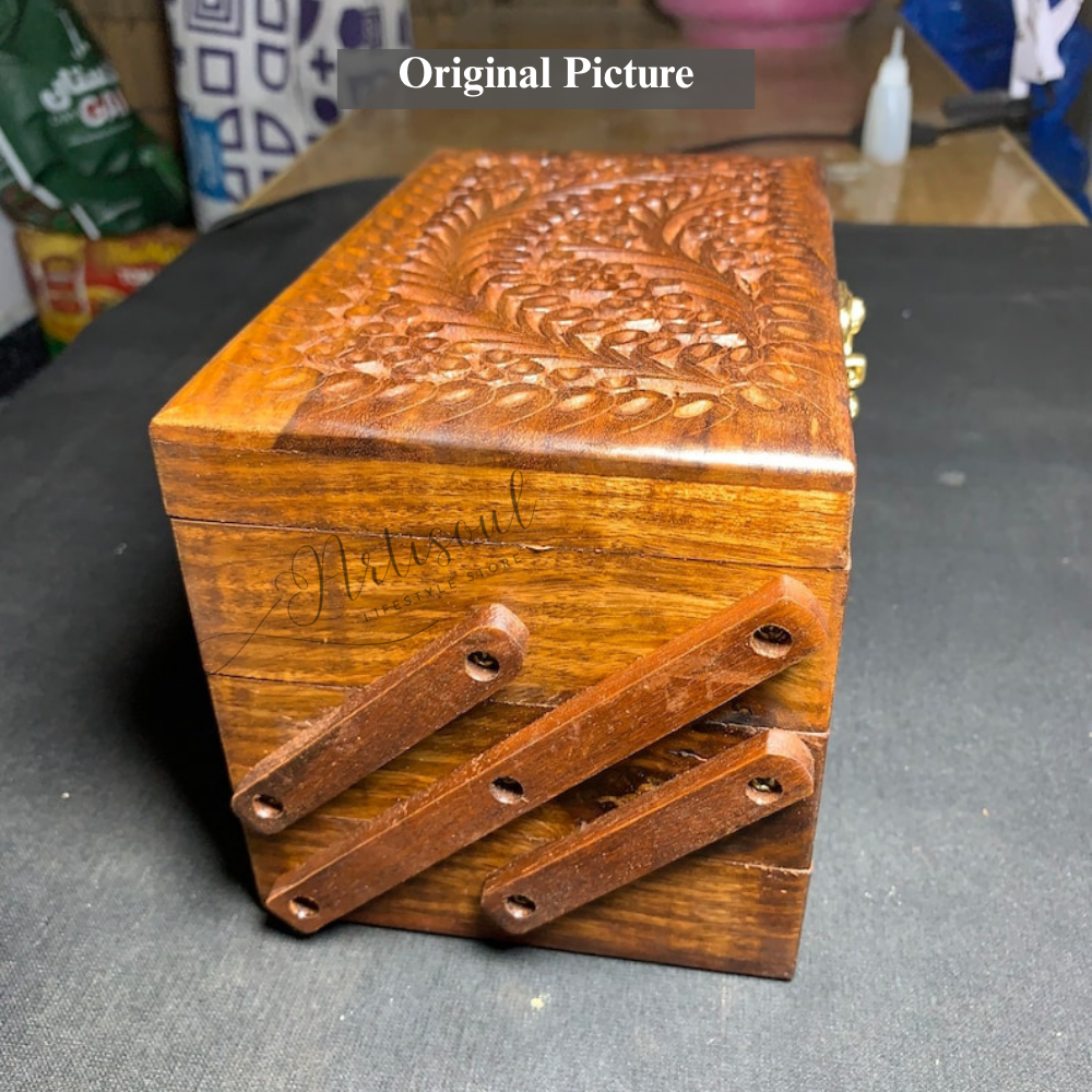 Handcrafted Wooden Jewelry Box | 3 Tier Foldable Organizer | Elegant Wooden Storage for Jewelry & Accessories