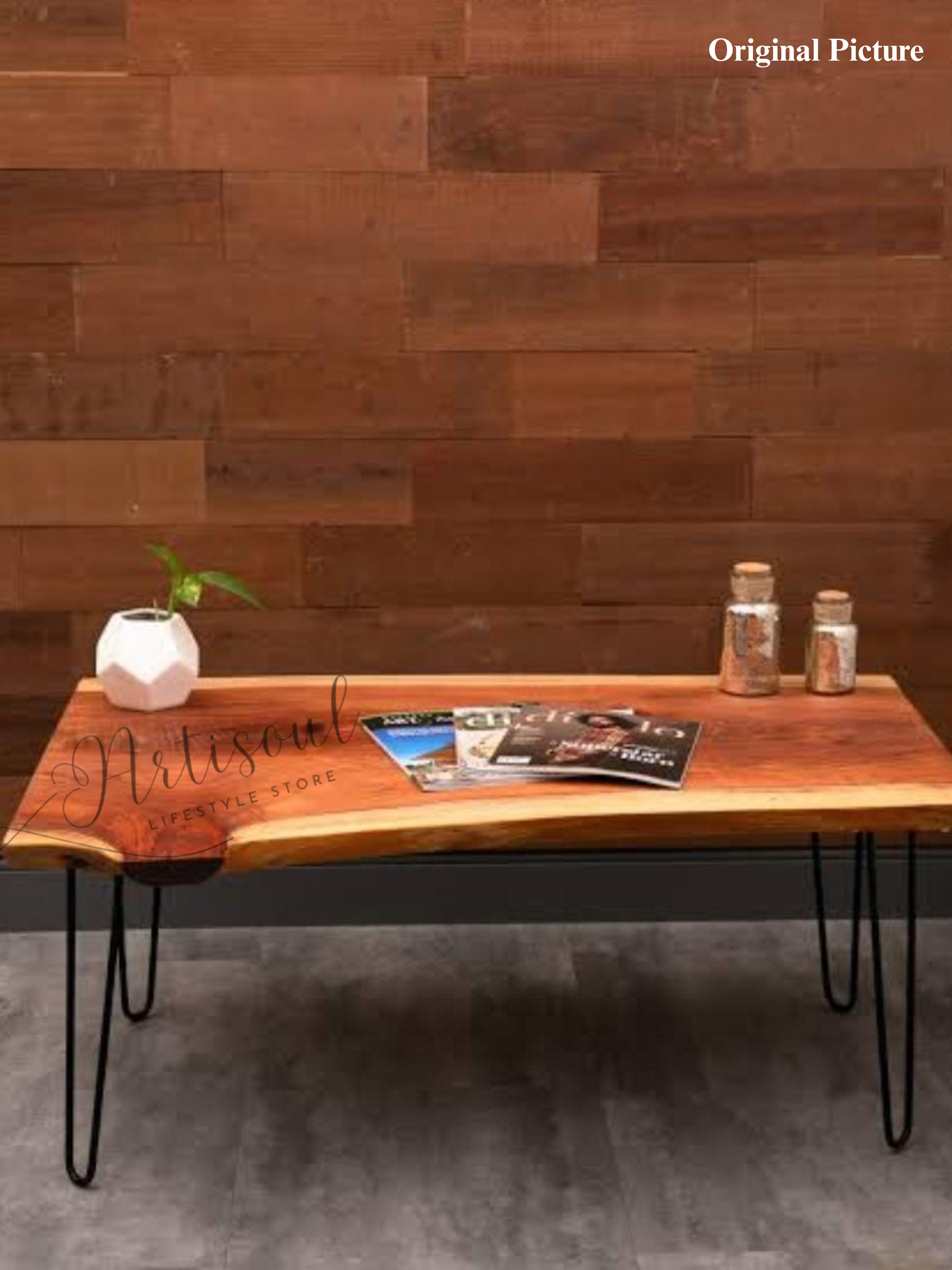 Premium Live Edge Centre Table – Solid Wood Coffee Table with Metal Hairpin Legs – Rustic Modern Living Room Furniture by Artisoul