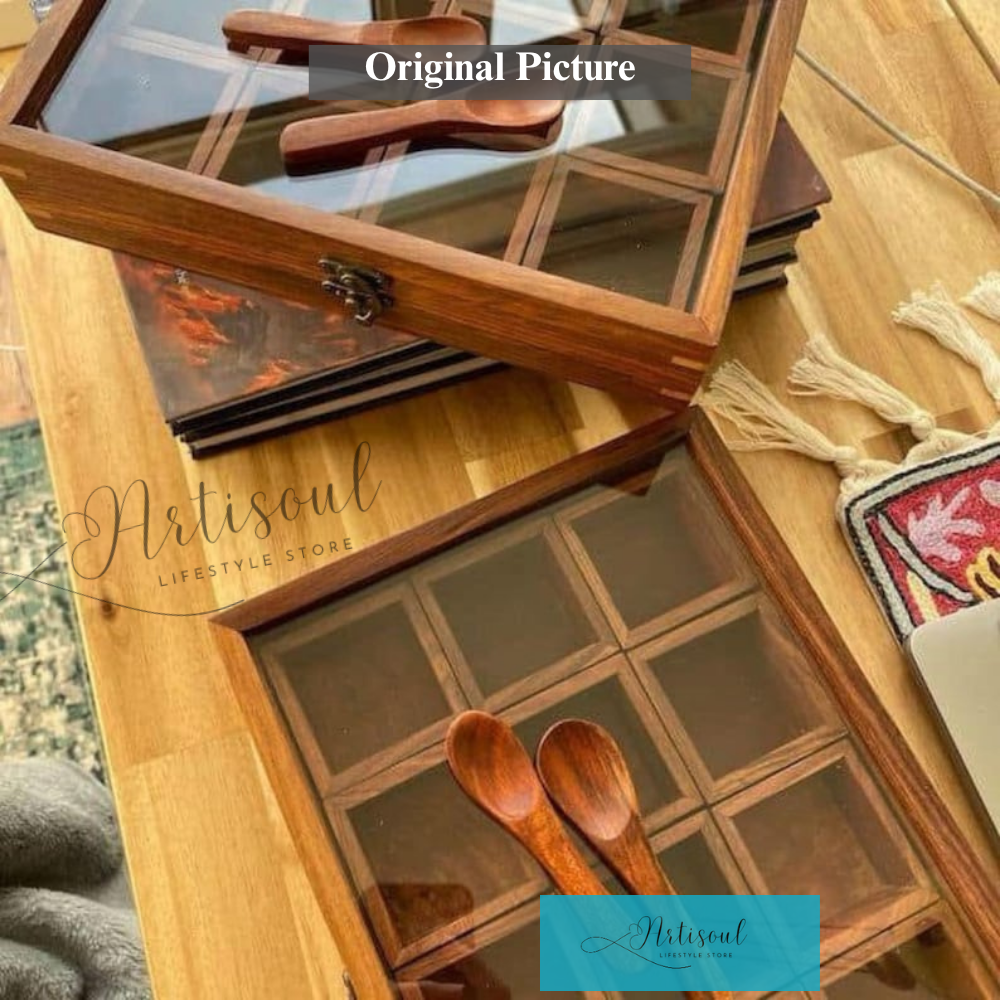 Wooden Spice Box Organizer with Transparent Top | 9 Compartment Masala Dabba | Handcrafted Kitchen Storage Box