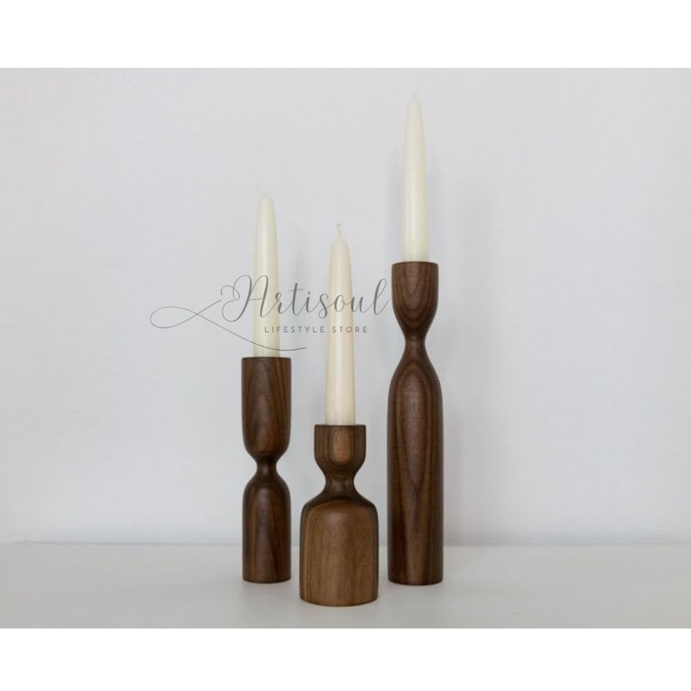 Handcrafted Wooden Candle Holders | Set of 3 Decorative Stands | 6, 8 & 10 Inch Elegant Wooden Candle Sticks