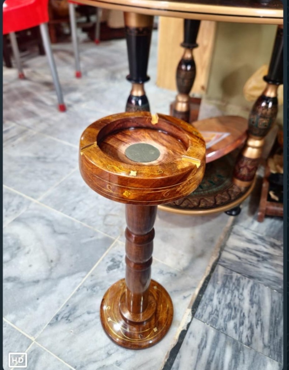 Wooden Ashtray with Stand / Brass inlay work and brass plate in centre