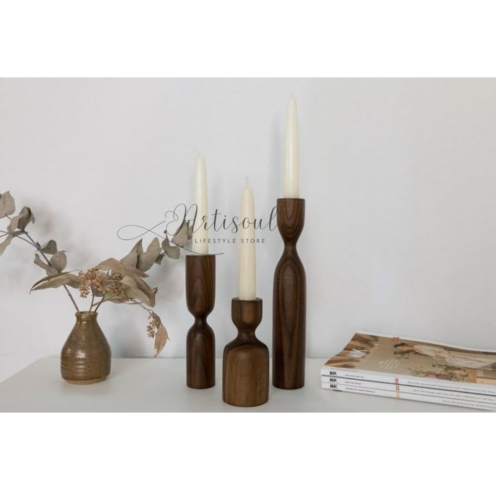 Handcrafted Wooden Candle Holders | Set of 3 Decorative Stands | 6, 8 & 10 Inch Elegant Wooden Candle Sticks