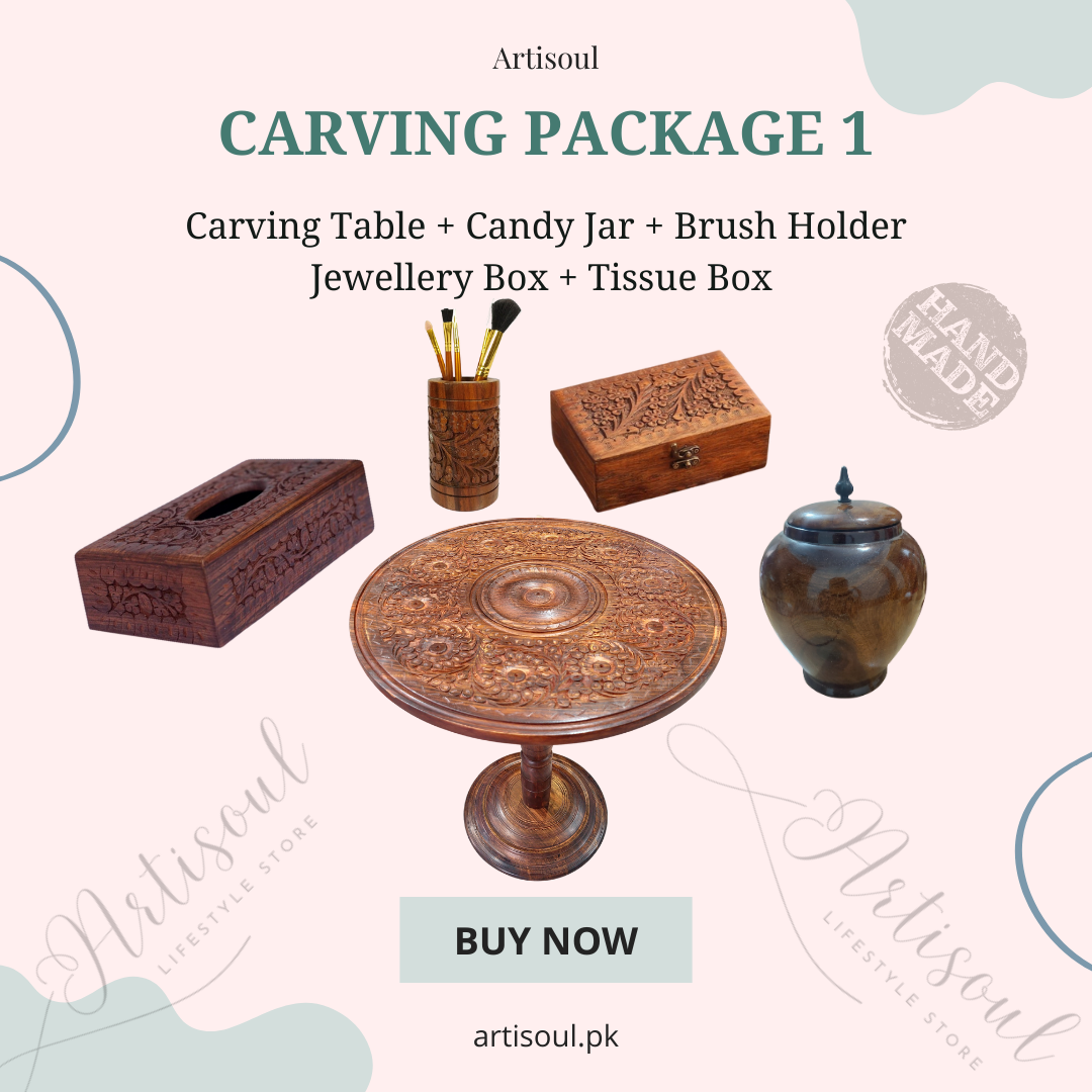Handmade Wooden Carving Package / Carving Table / Candy Jar / Tissue Box / Brush Holder and Jewellery Box All in One
