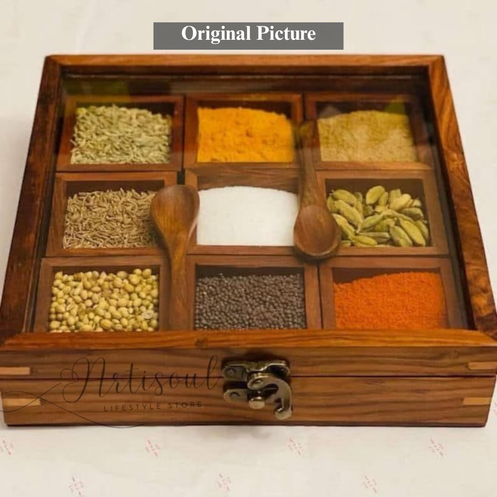 Wooden Spice Box Organizer with Transparent Top | 9 Compartment Masala Dabba | Handcrafted Kitchen Storage Box