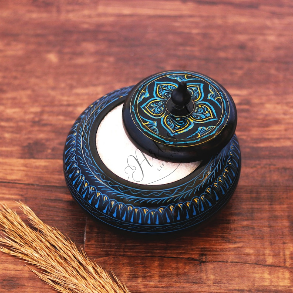 Handcrafted Wooden Round Powder Box with Naqshi Work | Decorative Wooden Storage Box | Elegant Multipurpose Gift Box