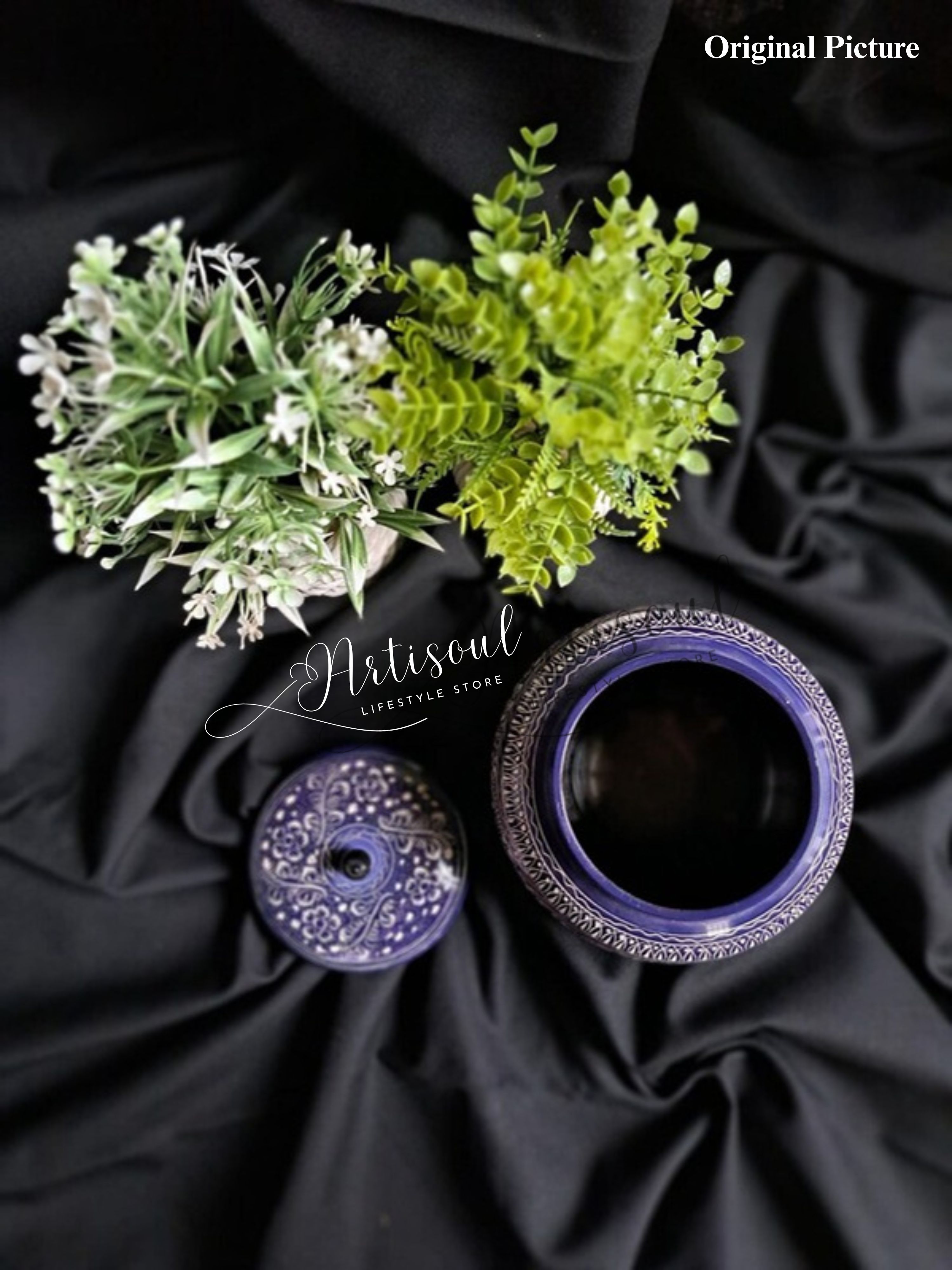 Handcrafted Decorative Blue Pottery Candy Jar Wooden | Elegant Storage & Gifting Jar