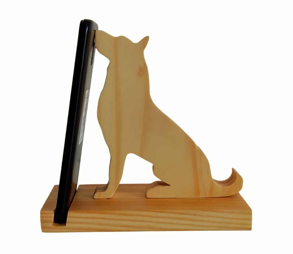 Support de téléphone ou tablette chien de bois