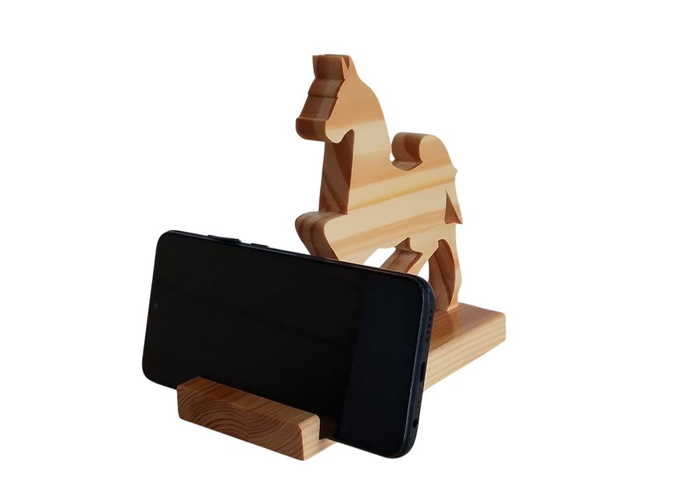 Support téléphone et tablette en bois motif cheval