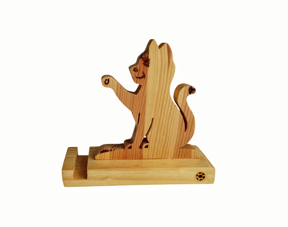 Support téléphone en bois – Forme de chat à la patte levée qui soutient le téléphone