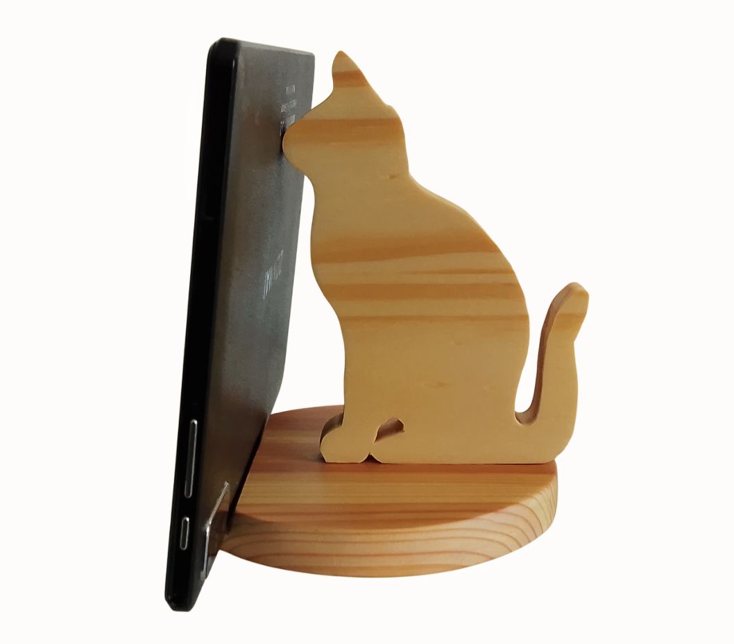Support en bois pour téléphone modéle chat socle rond