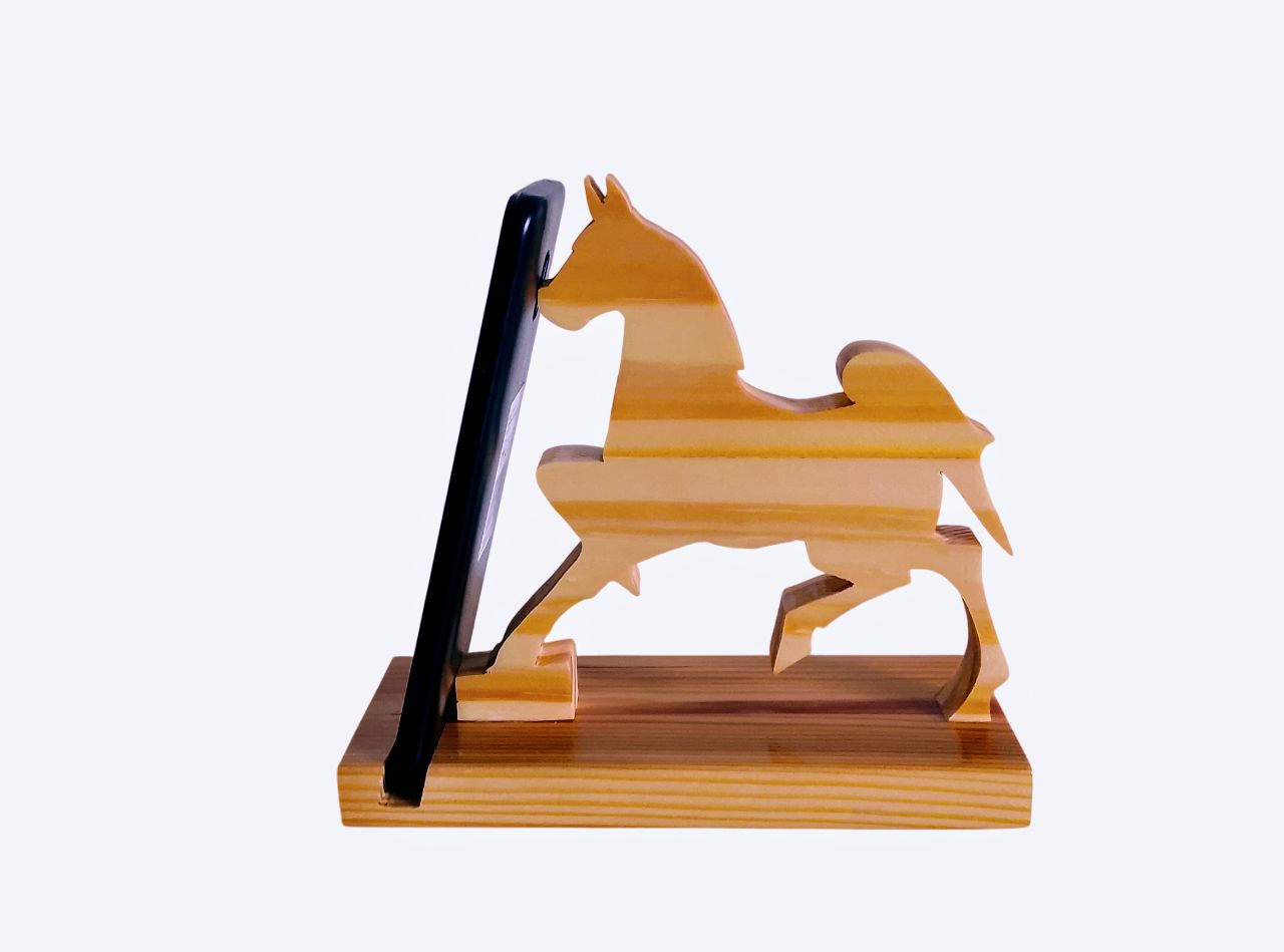Support téléphone et tablette en bois motif cheval